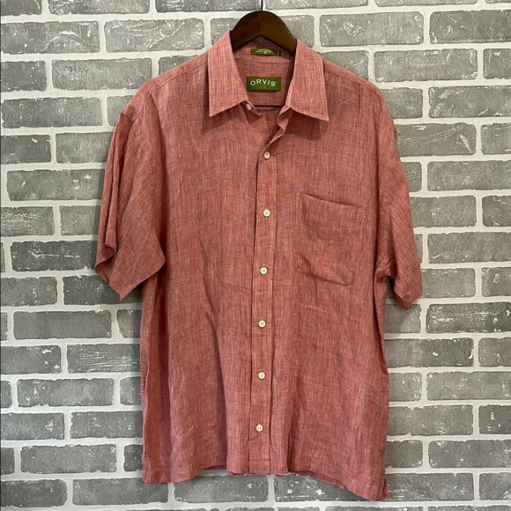 Orvis Red Casual Button Down Shirt Short Sleeve Mens‎ Size Large 100% Linen